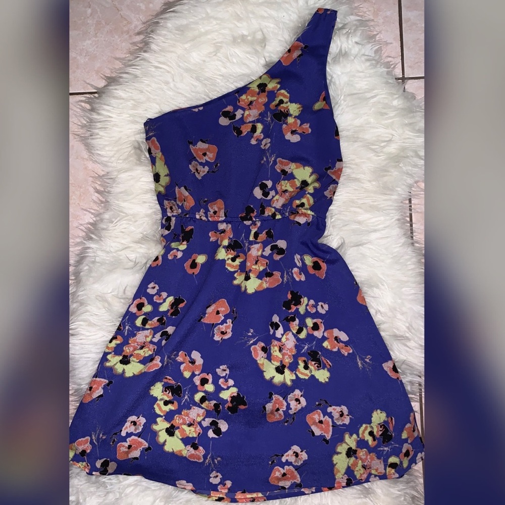 One Shoulder Floral Blue Dress